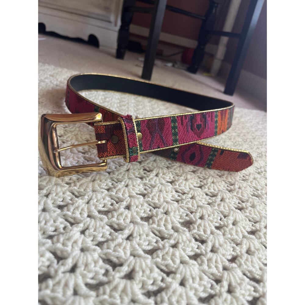 Vintage 90s Woven and Leather Belt Gold Buckle Southwest Aztec Size Large
